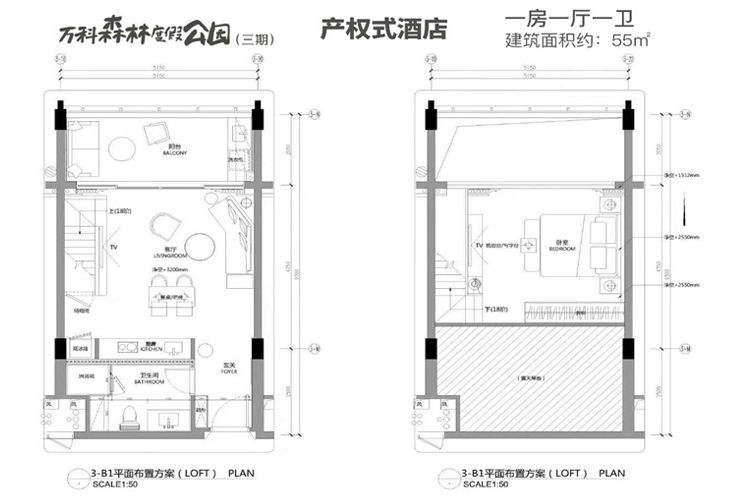 三期产权式酒店 建面约55平 一房一厅