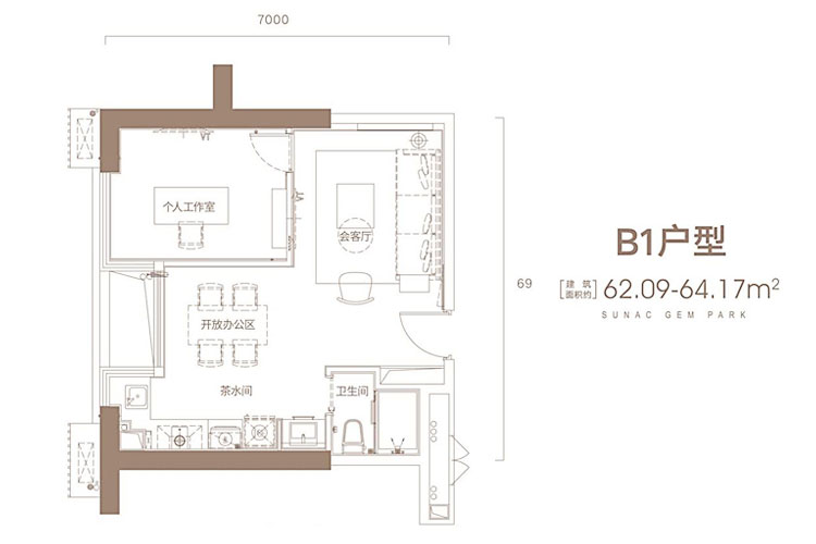 B1户型-建面约62.09-64.17㎡