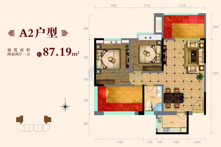 A2户型图-2室2厅--建筑面积87.19㎡