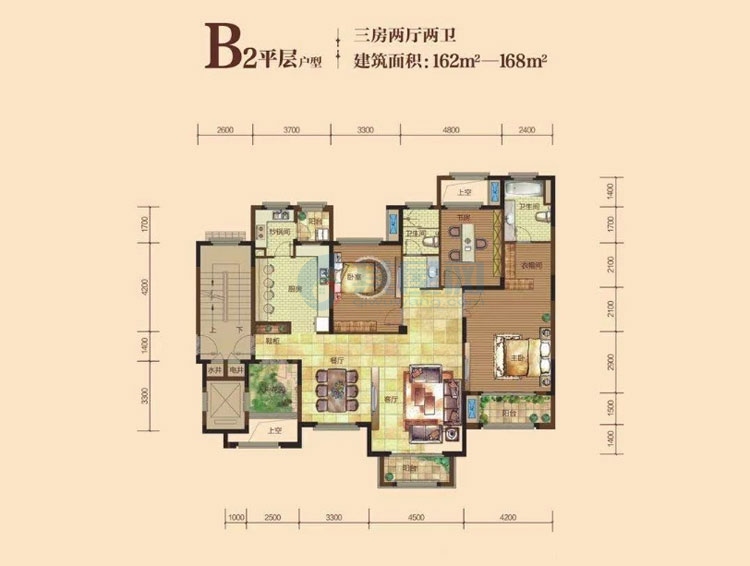 B2户型-建面约162-168㎡-三房两厅两卫一厨