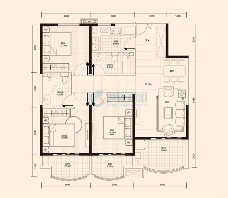 G1户型-建面约118.23㎡-三房两厅一厨两卫（24#楼）