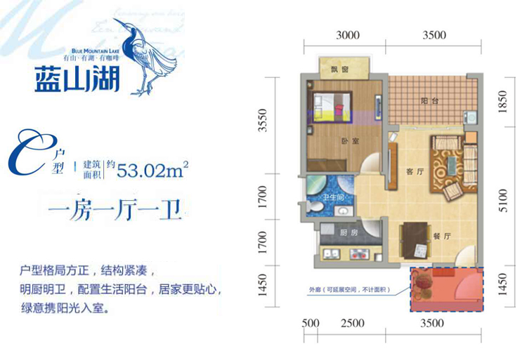 C户型1房1厅1卫-建面约53.02㎡