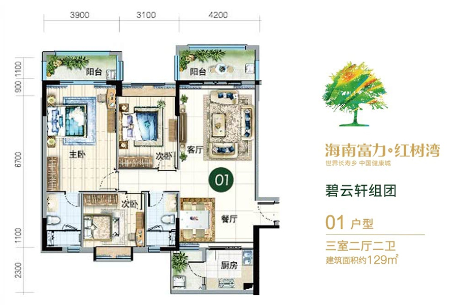 碧云轩组团-01户型-建面约129平-两房两厅