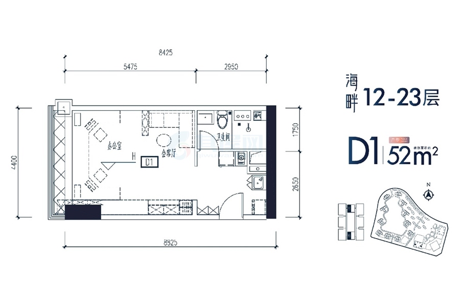 四期·海畔-12-23层-D1户型-建面约52平