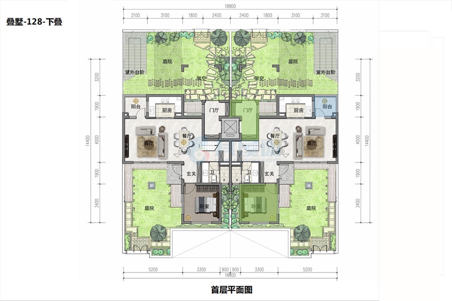 叠墅户型（下叠一层）-建面约128㎡-4室2厅2卫