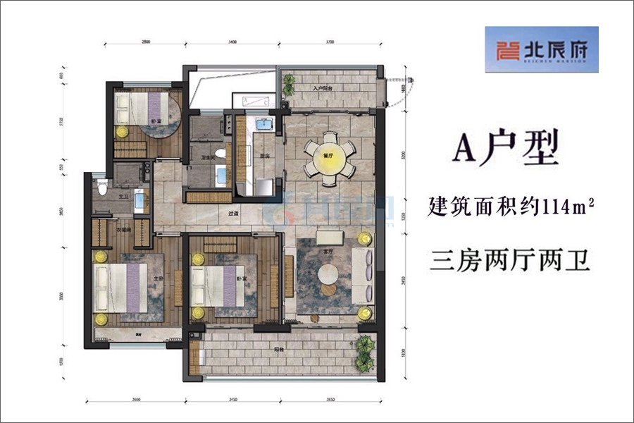A户型-建面约114.00㎡-3房2厅2卫